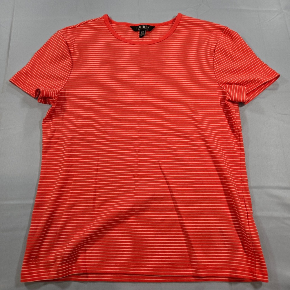 Lauren Ralph Lauren Womens Orange White Striped Short Sleeve Crewneck Tee L